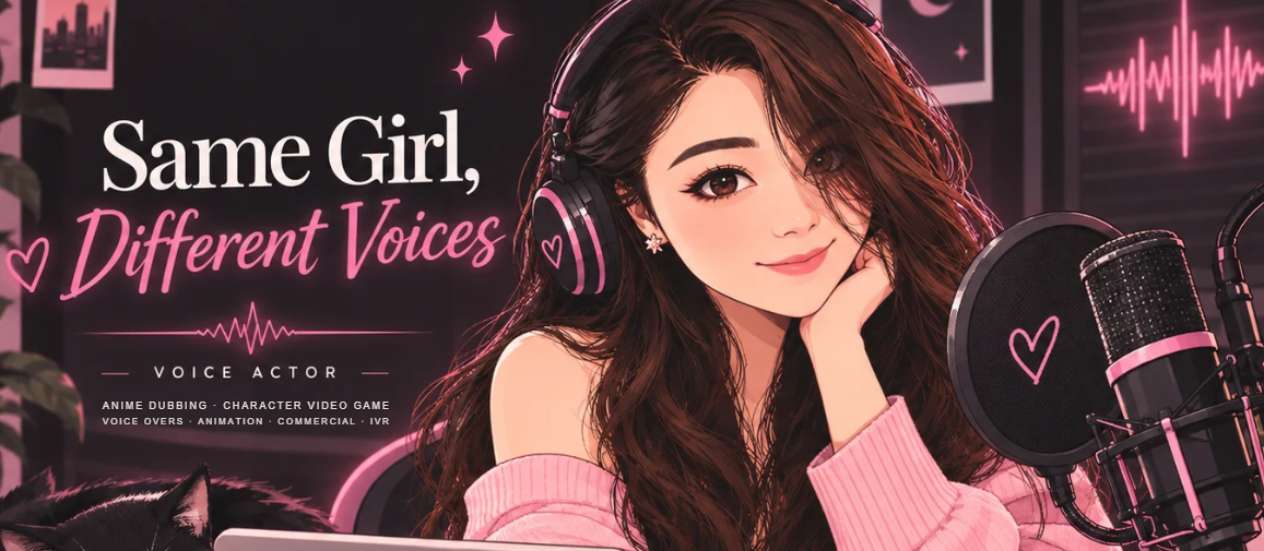 Same girl, different voices — Kristine in her booth with headphones and a microphone
